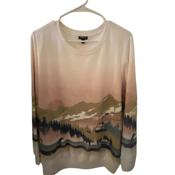 Torrid Cream and Green Crewneck Sweater with Scenic Landscape - Picture 1 of 6
